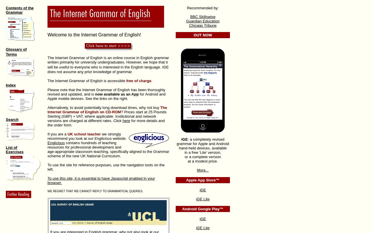 Capture d’écran de Internet Grammar of English (UCL) (1 sur 4)