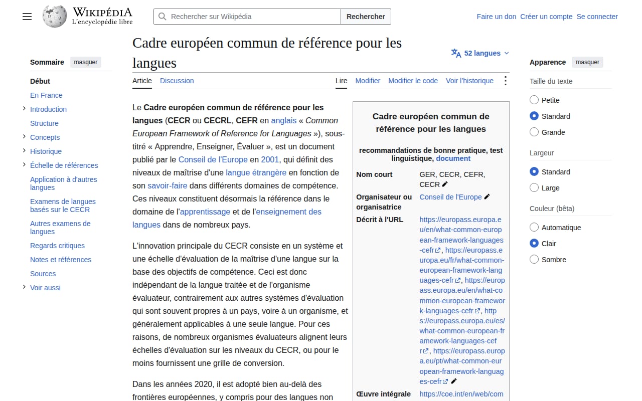 Capture d’écran de Wikipédia – CECRL (1 sur 2)